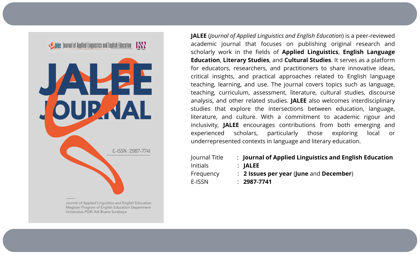 JALEE – Journal of Applied Linguistics and English Education homepage banner